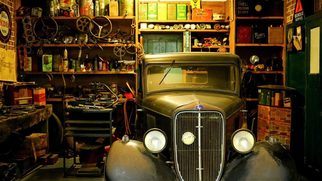 Classic black car in garage