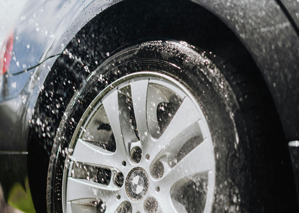 rinsing off tire shine from tires